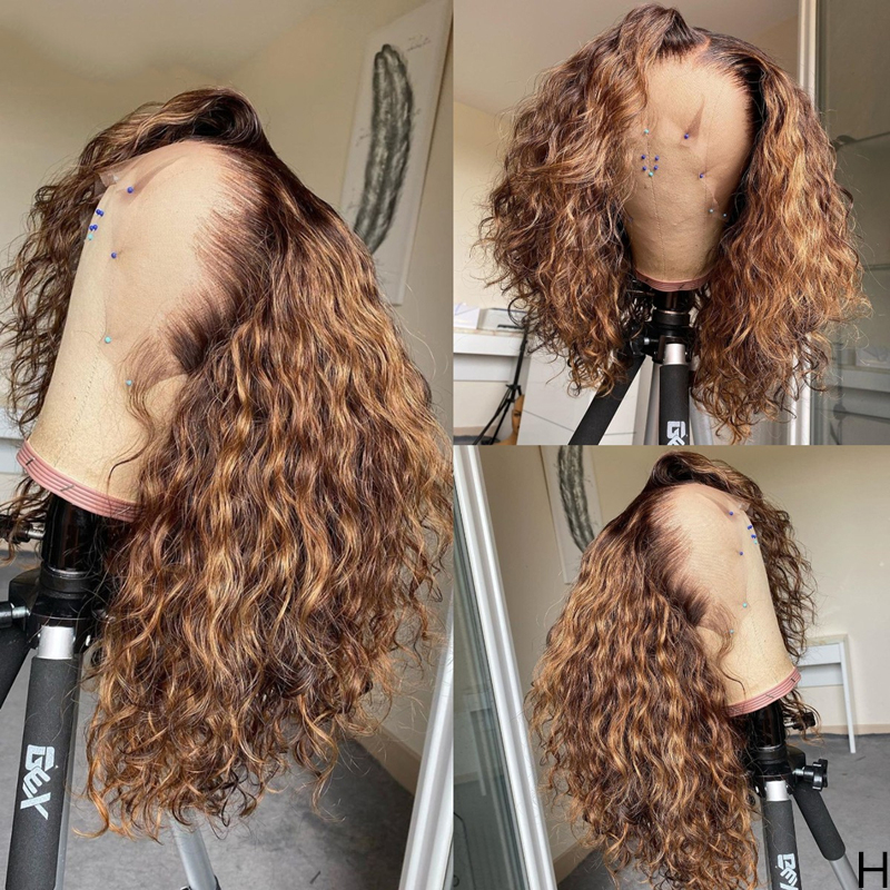 흑인 여성을위한 컬러 하이라이트 인간의 머리카락 13x4 레이스 프론트 워터 웨이브 가발 Preplucked Brazilian Hair